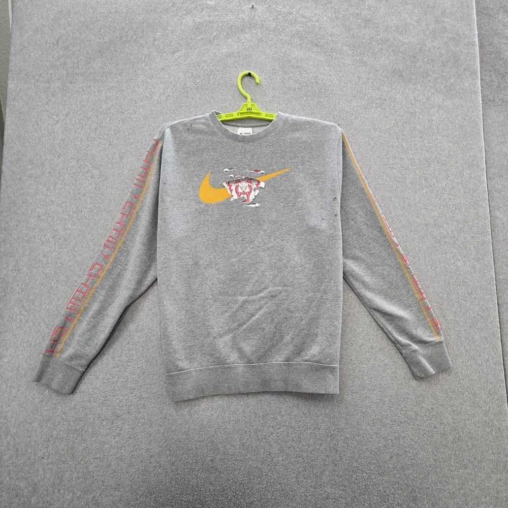 Nike Men Sweatshirt M Gray Fleece Logo Tiger Swoosh Long Sleeve READ